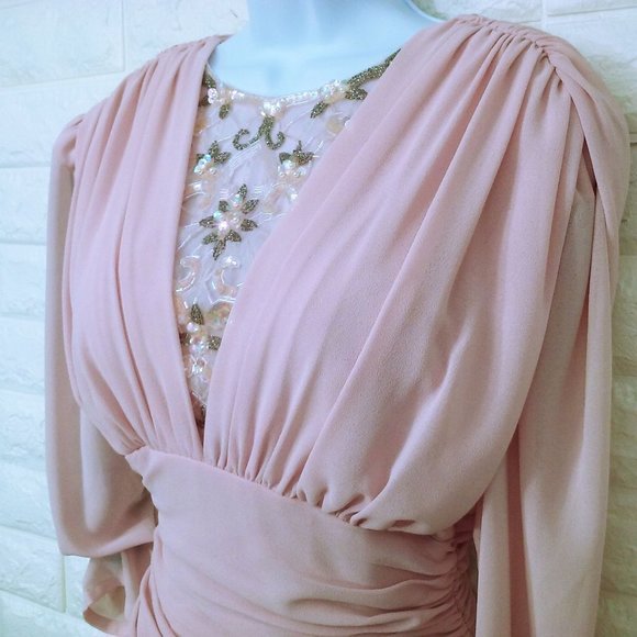 Vintage 90s Abby Kent Cocktail Dress -10 Ruched Crepe Embellished Fullskirt Pink - Picture 4 of 11